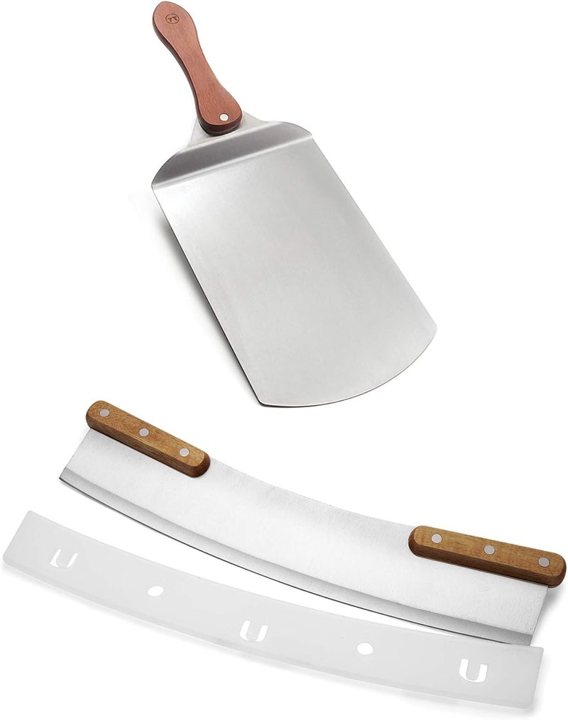 Outset Pizza Peel and Rocking Cutter Tool, 2- Piece Set, Stainless Steel With Wood Handle - Image 1